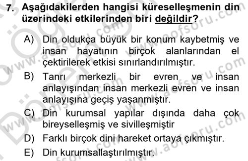 Din Sosyolojisi Dersi 2024 - 2025 Yılı (Final) Dönem Sonu Sınav Soruları 7. Soru