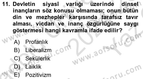 Din Sosyolojisi Dersi 2024 - 2025 Yılı Yaz Okulu Sınav Soruları 11. Soru