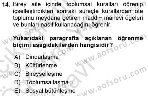 Din Sosyolojisi Dersi 2024 - 2025 Yılı Yaz Okulu Sınav Soruları 14. Soru