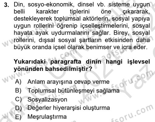Din Sosyolojisi Dersi 2024 - 2025 Yılı Yaz Okulu Sınav Soruları 3. Soru