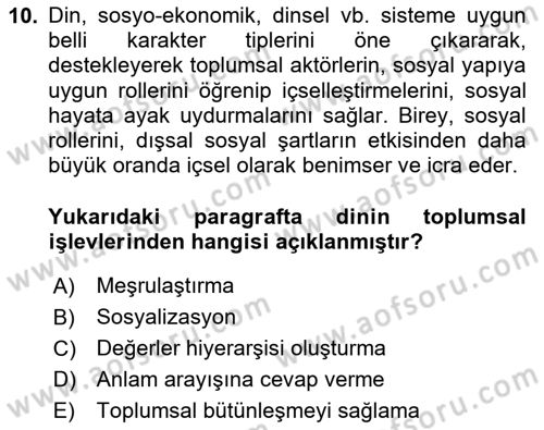 Din Sosyolojisi Dersi 2025 - 2026 Yılı (Vize) Ara Sınav Soruları 10. Soru