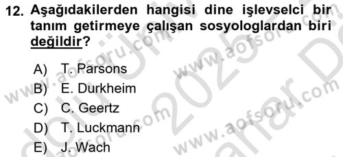 Din Sosyolojisi Dersi 2025 - 2026 Yılı (Vize) Ara Sınav Soruları 12. Soru