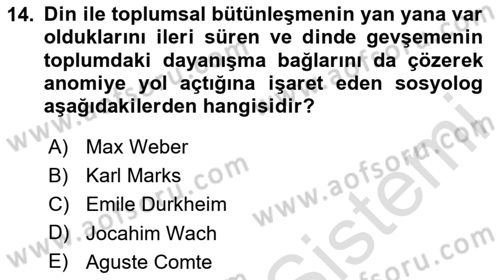 Din Sosyolojisi Dersi 2025 - 2026 Yılı (Vize) Ara Sınav Soruları 14. Soru