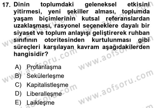 Din Sosyolojisi Dersi 2025 - 2026 Yılı (Vize) Ara Sınav Soruları 17. Soru