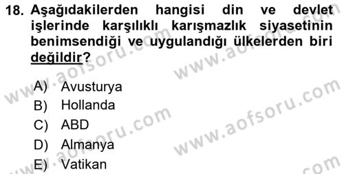 Din Sosyolojisi Dersi 2025 - 2026 Yılı (Vize) Ara Sınav Soruları 18. Soru