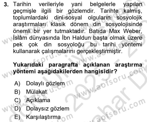 Din Sosyolojisi Dersi 2025 - 2026 Yılı (Vize) Ara Sınav Soruları 3. Soru