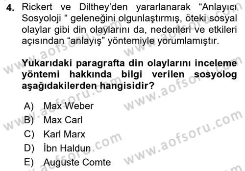 Din Sosyolojisi Dersi 2025 - 2026 Yılı (Vize) Ara Sınav Soruları 4. Soru