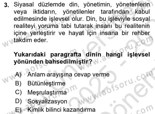 Din Sosyolojisi Dersi 2025 - 2026 Yılı (Final) Dönem Sonu Sınav Soruları 3. Soru