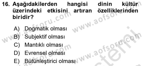 Din Sosyolojisi Dersi 2025 - 2026 Yılı Yaz Okulu Sınav Soruları 16. Soru