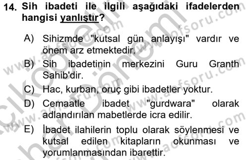 Yaşayan Dünya Dinleri Dersi 2016 - 2017 Yılı (Vize) Ara Sınav Soruları 14. Soru