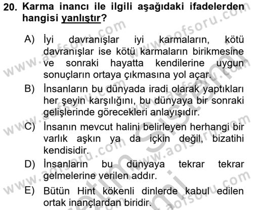 Yaşayan Dünya Dinleri Dersi 2016 - 2017 Yılı (Vize) Ara Sınav Soruları 20. Soru