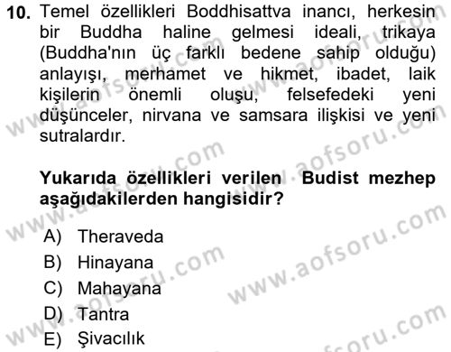 Yaşayan Dünya Dinleri Dersi 2017 - 2018 Yılı (Vize) Ara Sınav Soruları 10. Soru