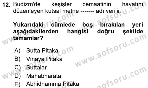 Yaşayan Dünya Dinleri Dersi 2018 - 2019 Yılı (Vize) Ara Sınav Soruları 12. Soru