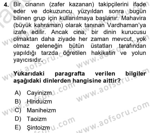 Yaşayan Dünya Dinleri Dersi 2020 - 2021 Yılı Yaz Okulu Sınav Soruları 4. Soru