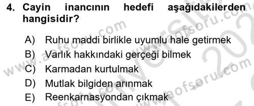 Yaşayan Dünya Dinleri Dersi 2021 - 2022 Yılı Yaz Okulu Sınav Soruları 4. Soru