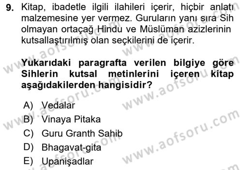 Yaşayan Dünya Dinleri Dersi 2023 - 2024 Yılı (Vize) Ara Sınav Soruları 9. Soru