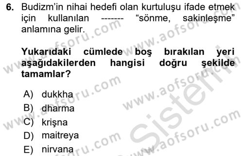Yaşayan Dünya Dinleri Dersi 2023 - 2024 Yılı Yaz Okulu Sınav Soruları 6. Soru