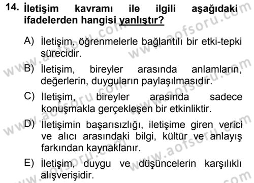 Din Eğitimi ve Din Hizmetlerinde Rehberlik Dersi 2012 - 2013 Yılı (Final) Dönem Sonu Sınav Soruları 14. Soru