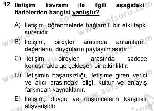 Din Eğitimi ve Din Hizmetlerinde Rehberlik Dersi 2013 - 2014 Yılı Tek Ders Sınav Soruları 12. Soru