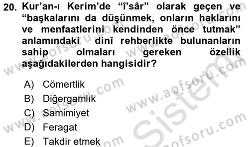 Din Eğitimi ve Din Hizmetlerinde Rehberlik Dersi 2016 - 2017 Yılı (Final) Dönem Sonu Sınav Soruları 20. Soru
