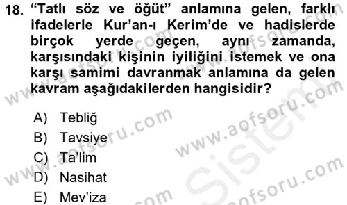 Din Eğitimi ve Din Hizmetlerinde Rehberlik Dersi 2017 - 2018 Yılı 3 Ders Sınav Soruları 18. Soru