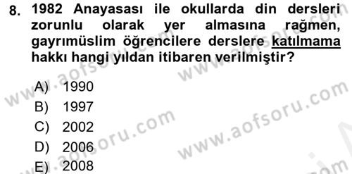 Din Eğitimi ve Din Hizmetlerinde Rehberlik Dersi 2017 - 2018 Yılı 3 Ders Sınav Soruları 8. Soru