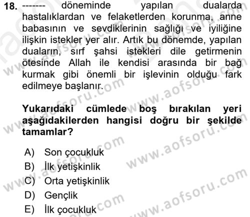 Din Eğitimi ve Din Hizmetlerinde Rehberlik Dersi 2017 - 2018 Yılı (Vize) Ara Sınavı 18. Soru