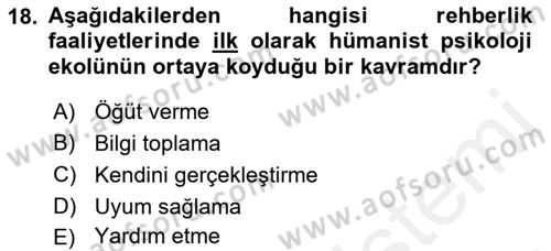 Din Eğitimi ve Din Hizmetlerinde Rehberlik Dersi 2017 - 2018 Yılı (Final) Dönem Sonu Sınav Soruları 18. Soru