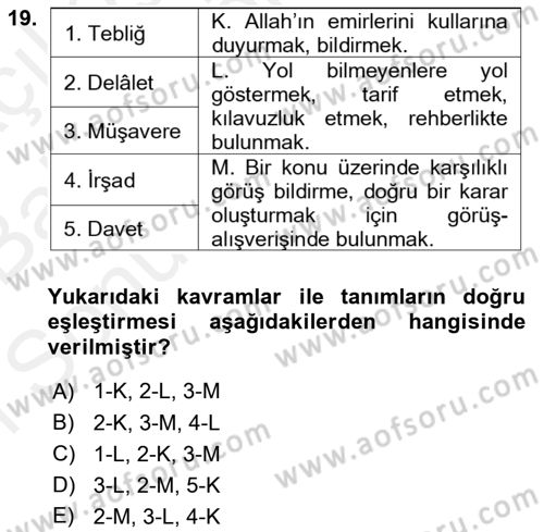Din Eğitimi ve Din Hizmetlerinde Rehberlik Dersi 2017 - 2018 Yılı (Final) Dönem Sonu Sınav Soruları 19. Soru
