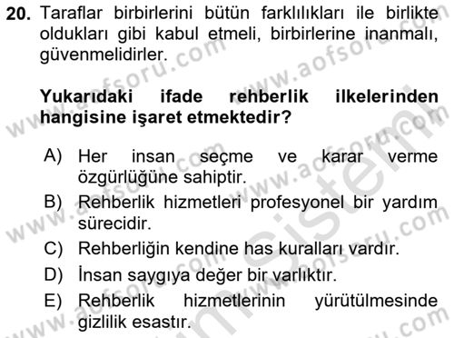 Din Eğitimi ve Din Hizmetlerinde Rehberlik Dersi 2020 - 2021 Yılı Yaz Okulu Sınav Soruları 20. Soru