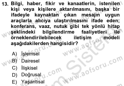 Din Eğitimi ve Din Hizmetlerinde Rehberlik Dersi 2021 - 2022 Yılı Yaz Okulu Sınav Soruları 13. Soru
