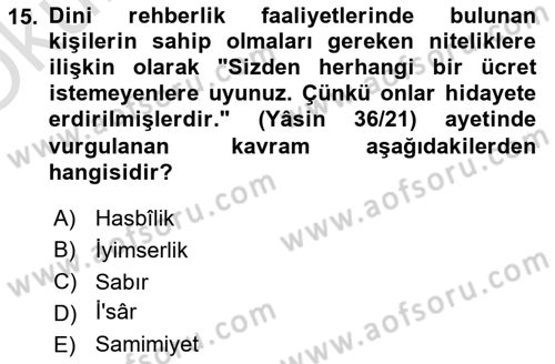 Din Eğitimi ve Din Hizmetlerinde Rehberlik Dersi 2021 - 2022 Yılı Yaz Okulu Sınav Soruları 15. Soru