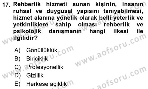 Din Eğitimi ve Din Hizmetlerinde Rehberlik Dersi 2021 - 2022 Yılı Yaz Okulu Sınav Soruları 17. Soru