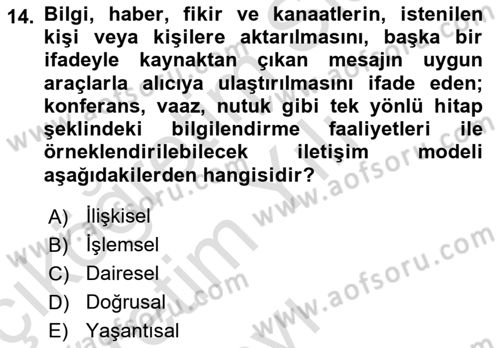Din Eğitimi ve Din Hizmetlerinde Rehberlik Dersi 2022 - 2023 Yılı Yaz Okulu Sınav Soruları 14. Soru