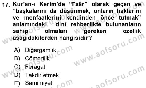 Din Eğitimi ve Din Hizmetlerinde Rehberlik Dersi 2022 - 2023 Yılı Yaz Okulu Sınav Soruları 17. Soru