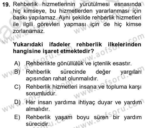 Din Eğitimi ve Din Hizmetlerinde Rehberlik Dersi 2022 - 2023 Yılı Yaz Okulu Sınav Soruları 19. Soru