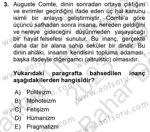 Din Eğitimi ve Din Hizmetlerinde Rehberlik Dersi 2023 - 2024 Yılı (Vize) Ara Sınavı 3. Soru