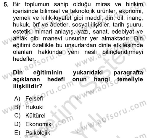 Din Eğitimi ve Din Hizmetlerinde Rehberlik Dersi 2023 - 2024 Yılı (Vize) Ara Sınavı 5. Soru