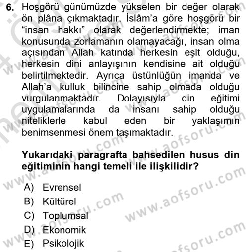 Din Eğitimi ve Din Hizmetlerinde Rehberlik Dersi 2023 - 2024 Yılı (Vize) Ara Sınavı 6. Soru