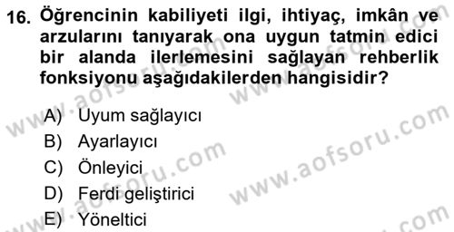 Din Eğitimi ve Din Hizmetlerinde Rehberlik Dersi 2023 - 2024 Yılı (Final) Dönem Sonu Sınav Soruları 16. Soru