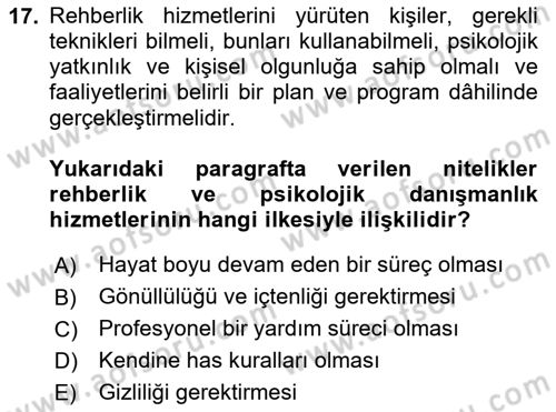 Din Eğitimi ve Din Hizmetlerinde Rehberlik Dersi 2023 - 2024 Yılı (Final) Dönem Sonu Sınav Soruları 17. Soru