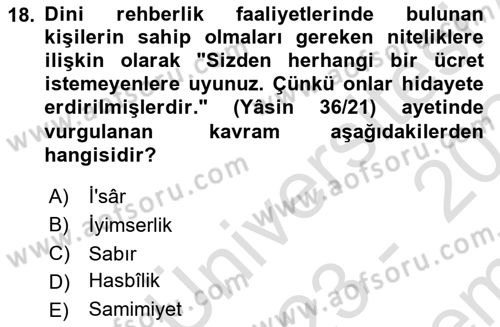 Din Eğitimi ve Din Hizmetlerinde Rehberlik Dersi 2023 - 2024 Yılı (Final) Dönem Sonu Sınav Soruları 18. Soru
