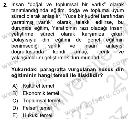 Din Eğitimi ve Din Hizmetlerinde Rehberlik Dersi 2023 - 2024 Yılı Yaz Okulu Sınav Soruları 2. Soru