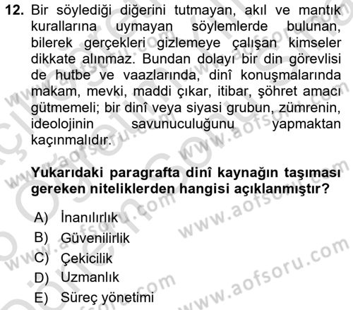 Din Eğitimi ve Din Hizmetlerinde Rehberlik Dersi 2024 - 2025 Yılı (Final) Dönem Sonu Sınav Soruları 12. Soru