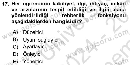 Din Eğitimi ve Din Hizmetlerinde Rehberlik Dersi 2024 - 2025 Yılı (Final) Dönem Sonu Sınav Soruları 17. Soru