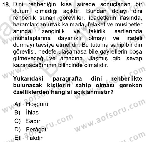 Din Eğitimi ve Din Hizmetlerinde Rehberlik Dersi 2024 - 2025 Yılı (Final) Dönem Sonu Sınav Soruları 18. Soru