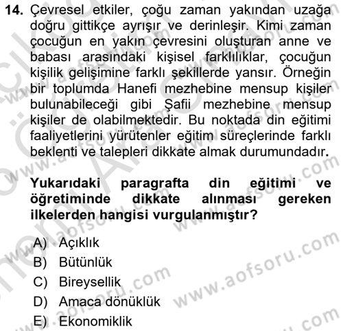 Din Eğitimi ve Din Hizmetlerinde Rehberlik Dersi 2025 - 2026 Yılı (Vize) Ara Sınav Soruları 14. Soru