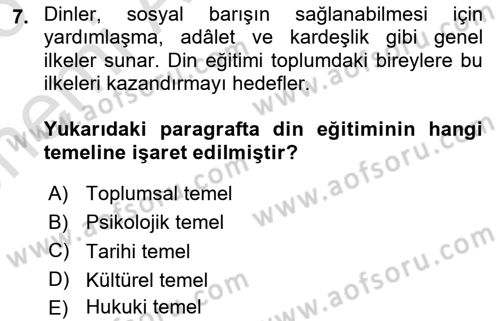 Din Eğitimi ve Din Hizmetlerinde Rehberlik Dersi 2025 - 2026 Yılı (Vize) Ara Sınav Soruları 7. Soru