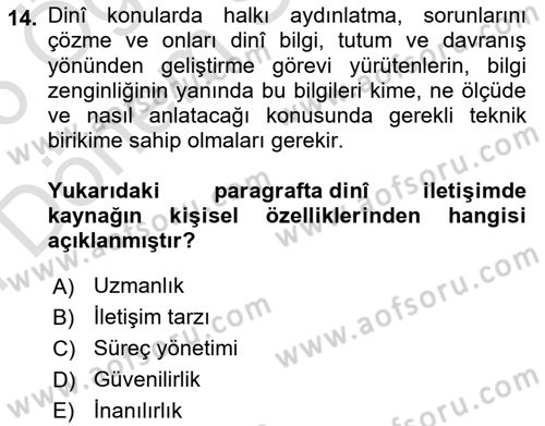 Din Eğitimi ve Din Hizmetlerinde Rehberlik Dersi 2025 - 2026 Yılı (Final) Dönem Sonu Sınav Soruları 14. Soru