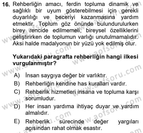 Din Eğitimi ve Din Hizmetlerinde Rehberlik Dersi 2025 - 2026 Yılı (Final) Dönem Sonu Sınav Soruları 16. Soru